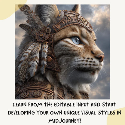 Portrait of a lynx in detailed steampunk style, Midjourney-generated art with bronze tones and feather accents on a cloudy backdrop