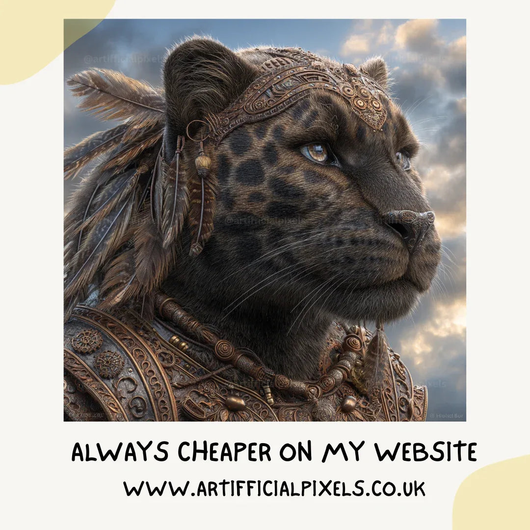 Portrait of a panther in detailed steampunk style, Midjourney-generated art with bronze tones and feather accents on a cloudy backdrop