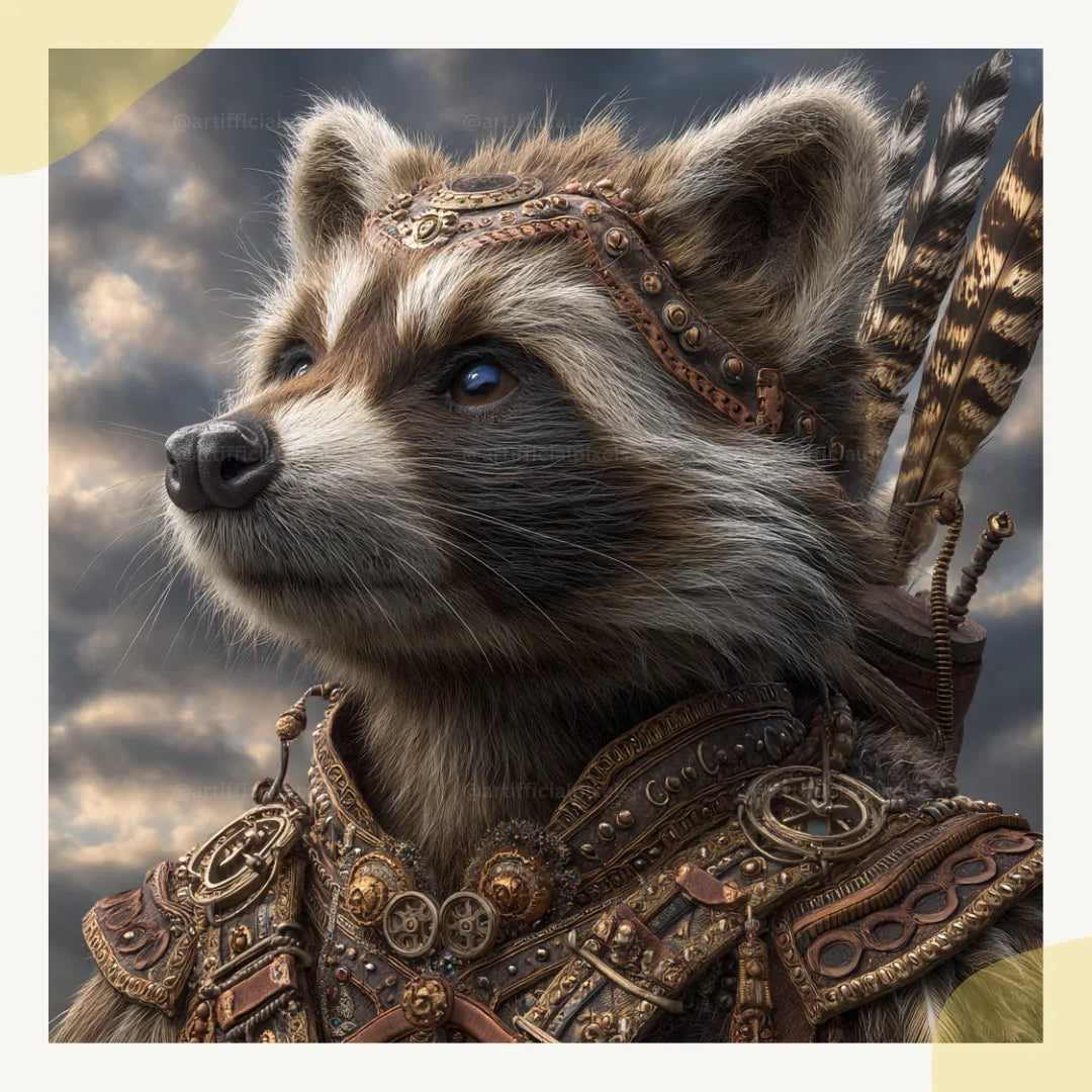 Portrait of a raccoon in detailed steampunk style, Midjourney-generated art with bronze tones and feather accents on a cloudy backdrop