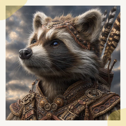 Portrait of a raccoon in detailed steampunk style, Midjourney-generated art with bronze tones and feather accents on a cloudy backdrop