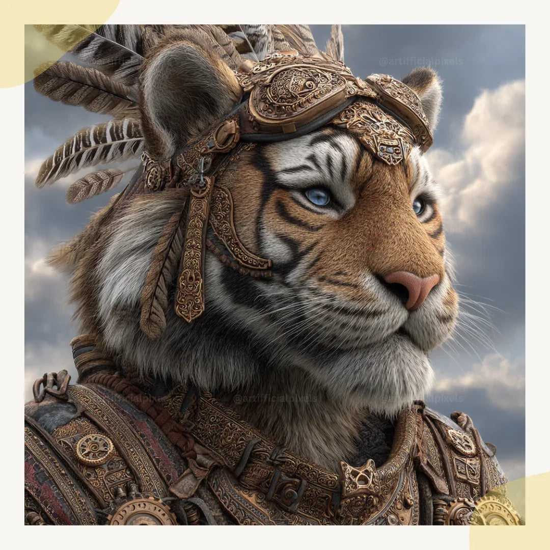 Portrait of a tiger in detailed steampunk style, Midjourney-generated art with bronze tones and feather accents on a cloudy backdrop