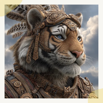 Portrait of a tiger in detailed steampunk style, Midjourney-generated art with bronze tones and feather accents on a cloudy backdrop