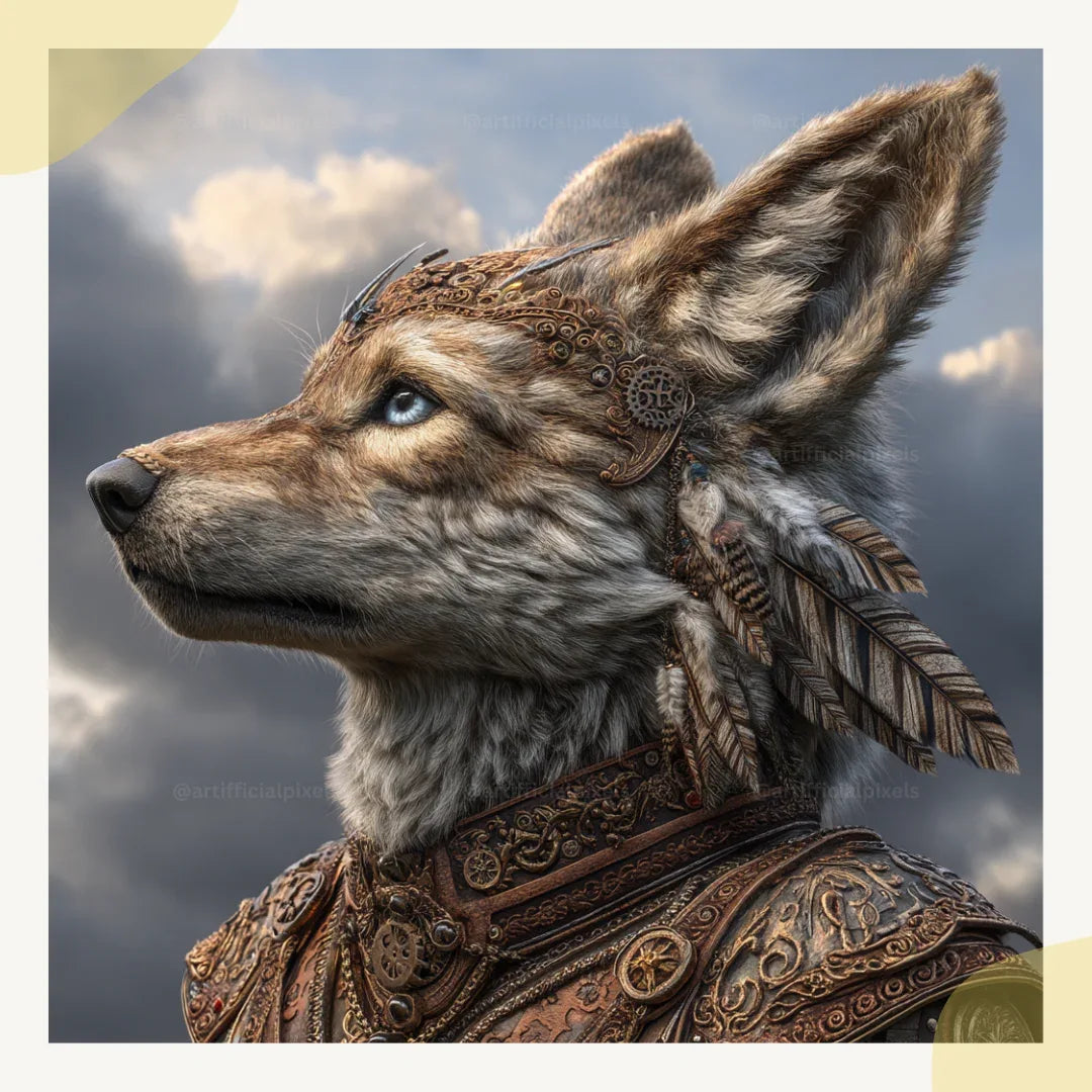 Portrait of a wolf in detailed steampunk style, Midjourney-generated art with bronze tones and feather accents on a cloudy backdrop