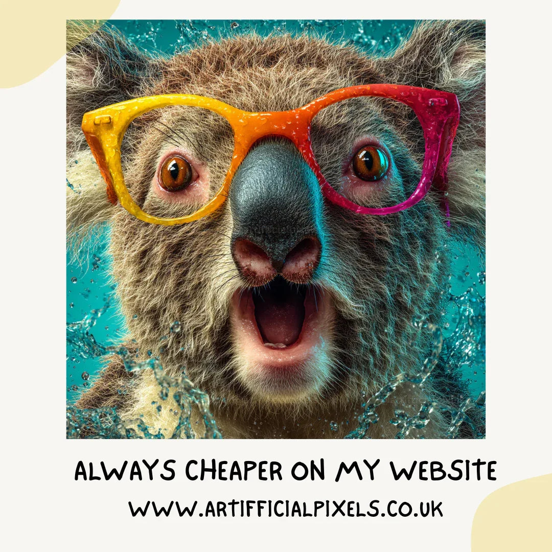 Portrait of a surprised koala in playful commercial style, Midjourney-generated art with water splash effects on a turquoise background
