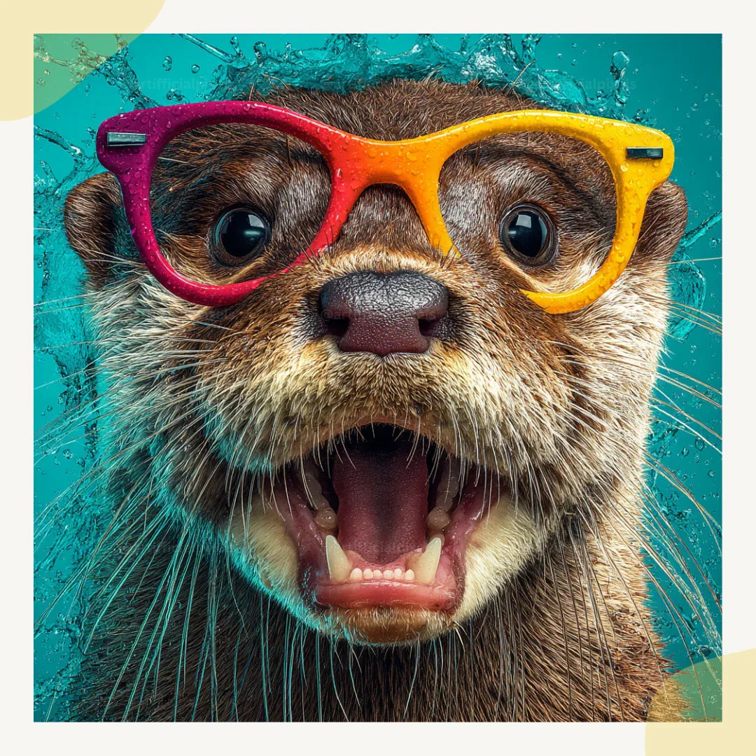Portrait of a surprised otter in playful commercial style, Midjourney-generated art with water splash effects on a turquoise background
