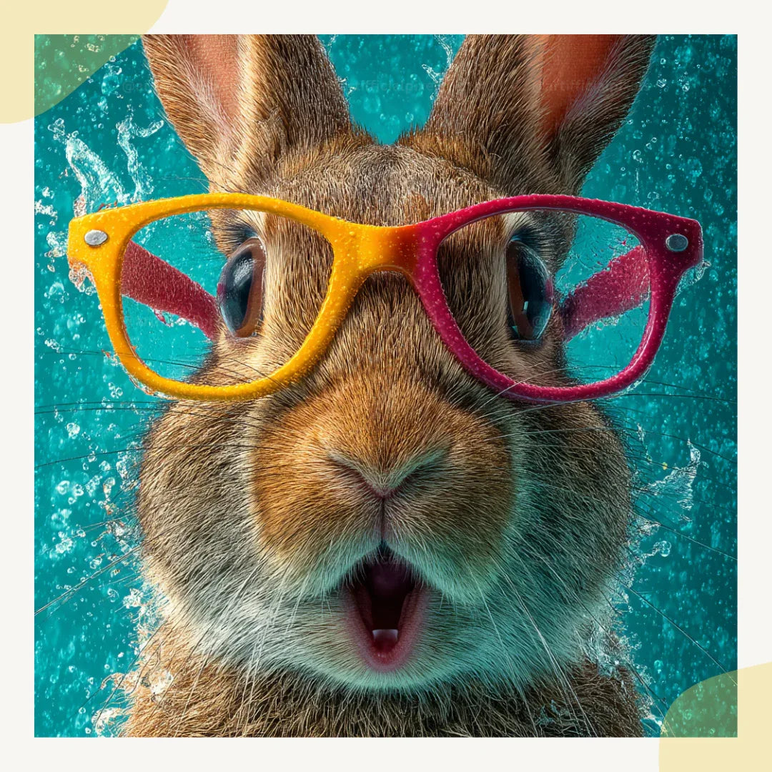 Portrait of a surprised rabbit in playful commercial style, Midjourney-generated art with water splash effects on a turquoise background
