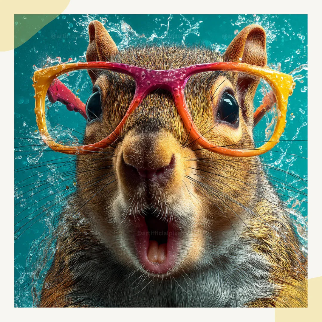 Portrait of a surprised squirrel in playful commercial style, Midjourney-generated art with water splash effects on a turquoise background
