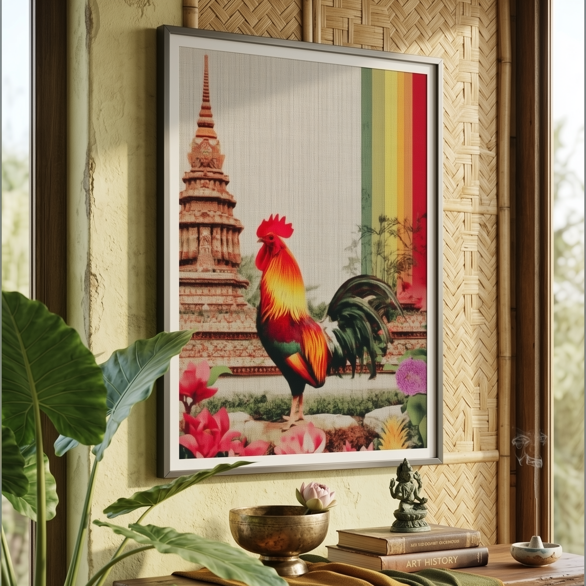 Framed poster of a colourful rooster standing in front of Thai temple architecture, with rainbow-toned vertical stripes, pink flowers, and tropical styling in a warm rustic interior.