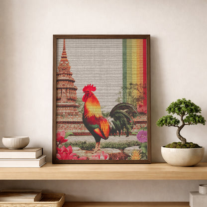 Thai rooster art print propped on a warm wooden shelf beside a bonsai tree, stacked books and minimalist decor. The image shows a colourful rooster, temple silhouette inspired by Wat Arun, visible canvas texture and a vertical rainbow band, proving the print works naturally within calm, plant-led modern interiors.