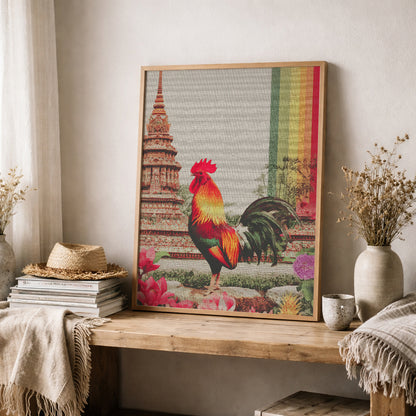 Thai rooster poster resting on a wooden shelf with woven textiles, bowls and handcrafted objects. The rooster stands proudly in front of a pagoda reminiscent of Wat Arun, with textured canvas surface and bright rainbow stripe, positioning the piece as meaningful cultural and symbolism art rather than generic wall decor.