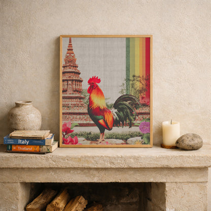 Unframed Thai rooster poster leaned casually against a neutral wall on a fireplace mantel styled with small books, ceramics and natural objects. The vibrant rooster stands before a Wat Arun-style temple with clear canvas texture and a rainbow stripe, showing how lightweight cultural wall art can be layered into living rooms, lounges or mantel displays.