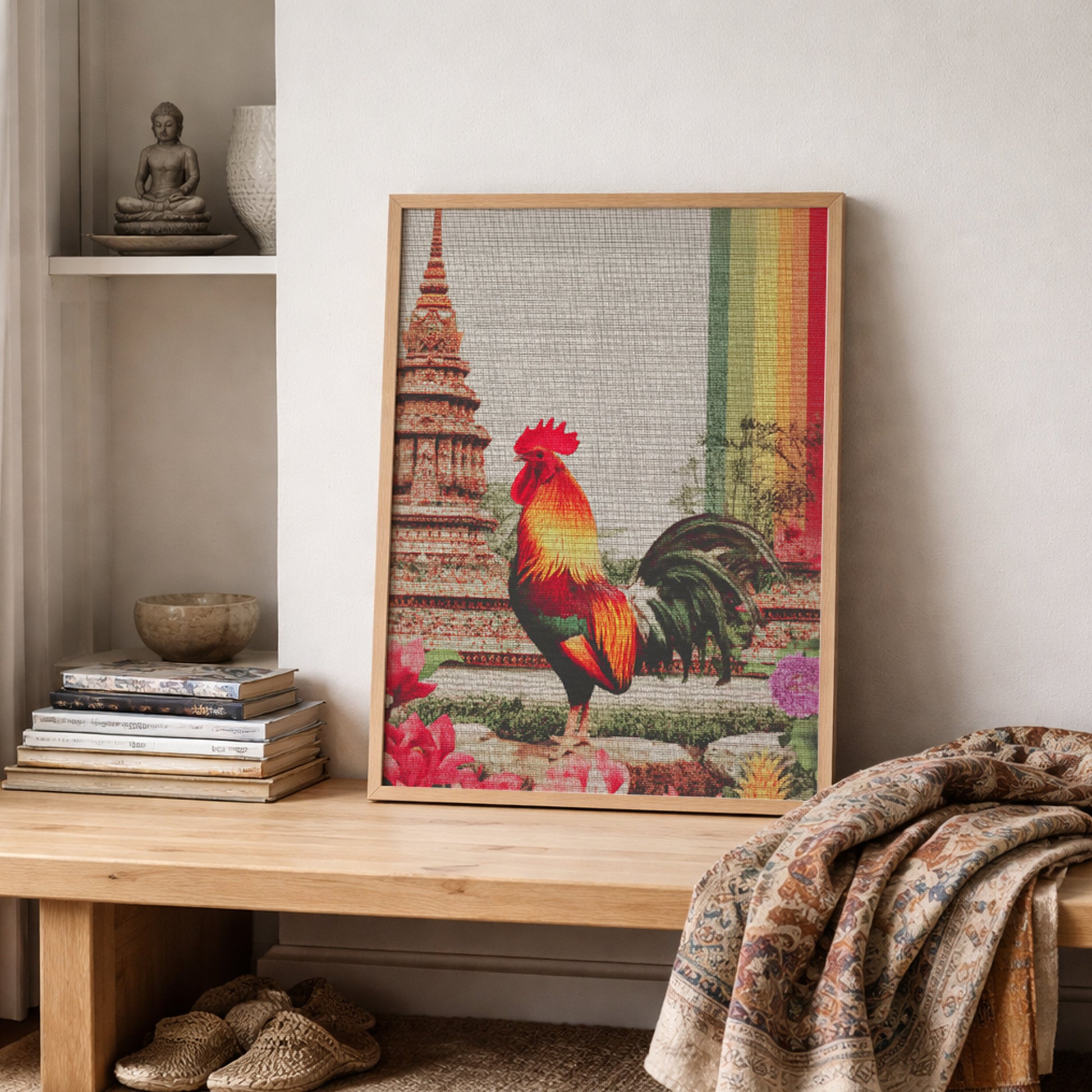 Unframed Thai rooster art print styled on a light Scandinavian wood shelf with neutral fabrics and ceramics. The vivid rooster contrasts against a soft palette while the Wat Arun-inspired temple and rainbow stripe add cultural depth, making the piece suitable for Scandi, Japandi or minimalist modern homes.