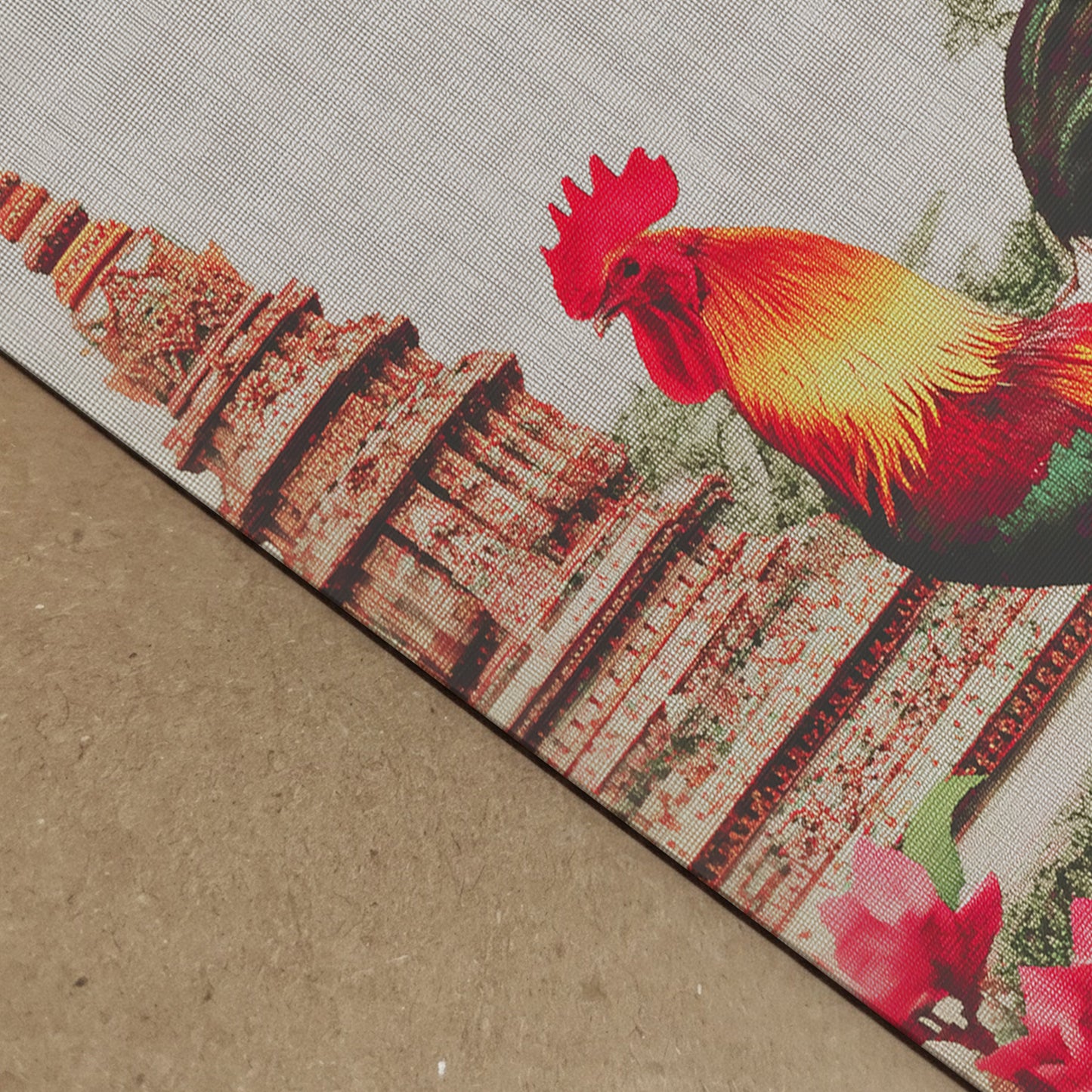 Extreme close-up of a Thai rooster art print showing tactile canvas texture, layered feather detail and fine temple illustration inspired by Wat Arun. The image emphasises print depth, material feel and colour precision, helping buyers evaluate paper quality, surface grain and artwork sharpness.