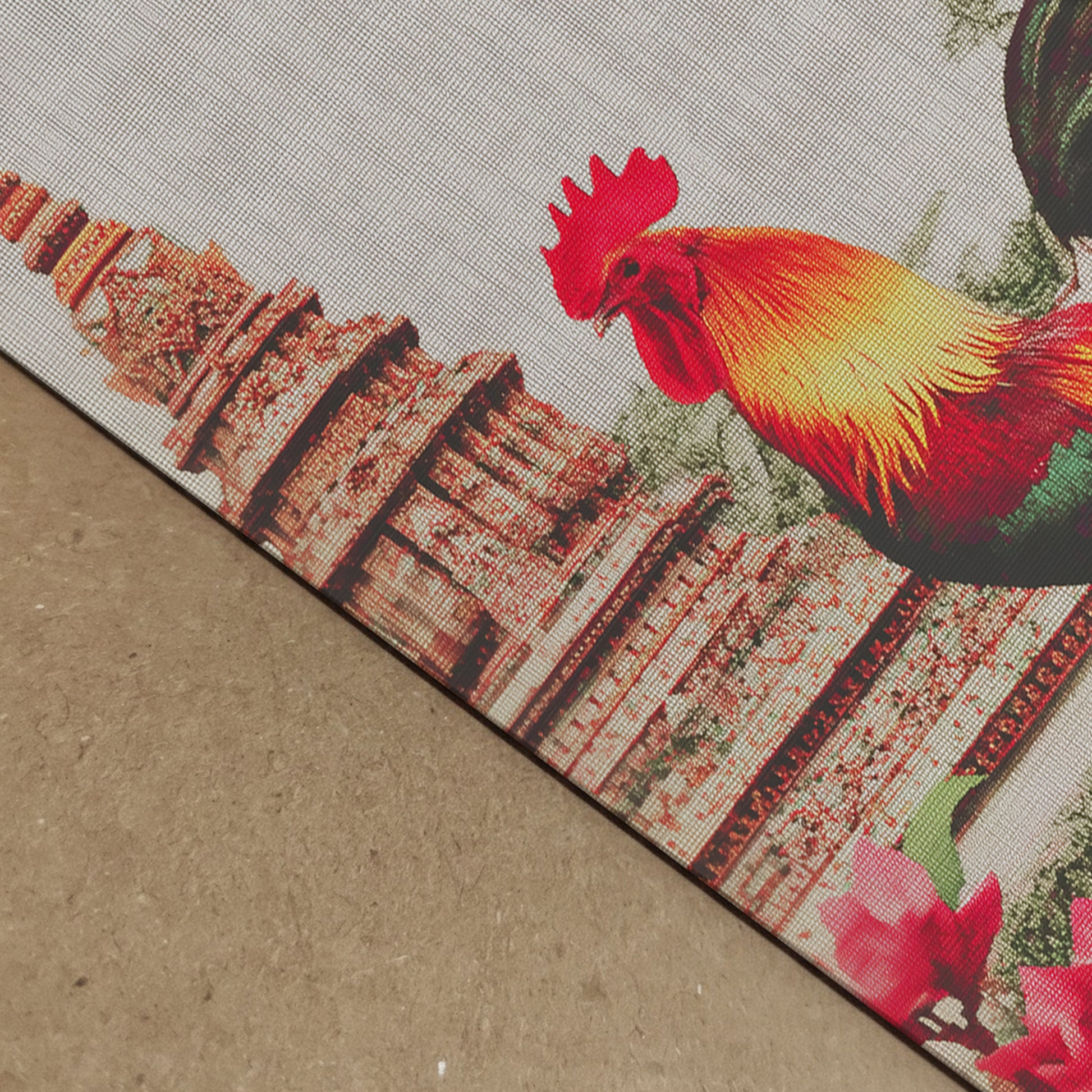Extreme close-up of a Thai rooster art print showing tactile canvas texture, layered feather detail and fine temple illustration inspired by Wat Arun. The image emphasises print depth, material feel and colour precision, helping buyers evaluate paper quality, surface grain and artwork sharpness.
