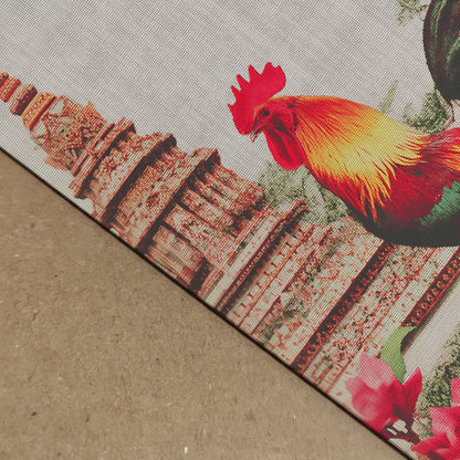 Extreme close-up of a Thai rooster art print showing tactile canvas texture, layered feather detail and fine temple illustration inspired by Wat Arun. The image emphasises print depth, material feel and colour precision, helping buyers evaluate paper quality, surface grain and artwork sharpness.