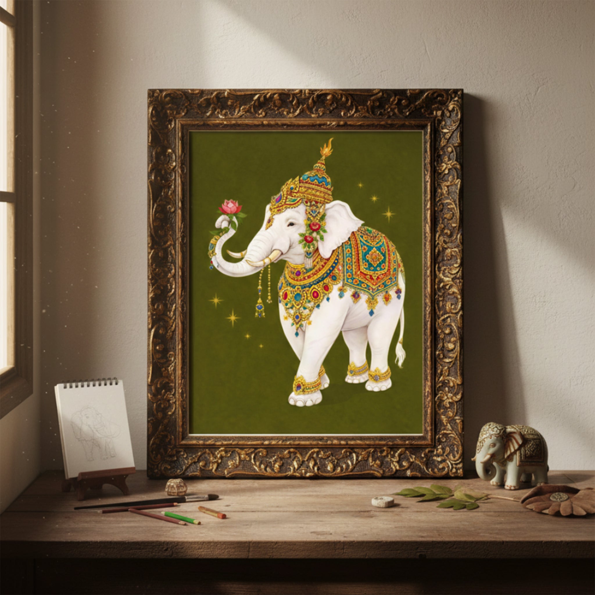 Thai royal white elephant print displayed in an ornate antique-style gold frame, styled on a mantle in a softly lit interior. The white elephant wears elaborate Thai royal regalia with gold and jewel-toned detailing and holds a pink lotus. The olive green background and classical frame create a heritage-inspired, traditional decorative setting.