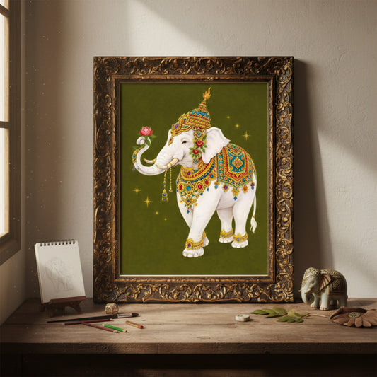 Thai royal white elephant print displayed in an ornate antique-style gold frame, styled on a mantle in a softly lit interior. The white elephant wears elaborate Thai royal regalia with gold and jewel-toned detailing and holds a pink lotus. The olive green background and classical frame create a heritage-inspired, traditional decorative setting.
