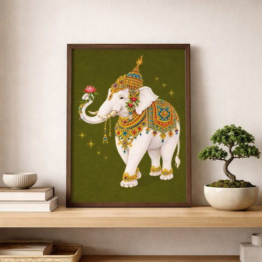 Thai royal white elephant poster styled on a wooden shelf beside a bonsai plant. The sacred white elephant is illustrated with intricate gold ceremonial armour and vibrant Thai textile patterns, holding a pink lotus flower. The olive green background and warm wood tones create a calm, cultural interior aesthetic blending Southeast Asian symbolism with modern décor.