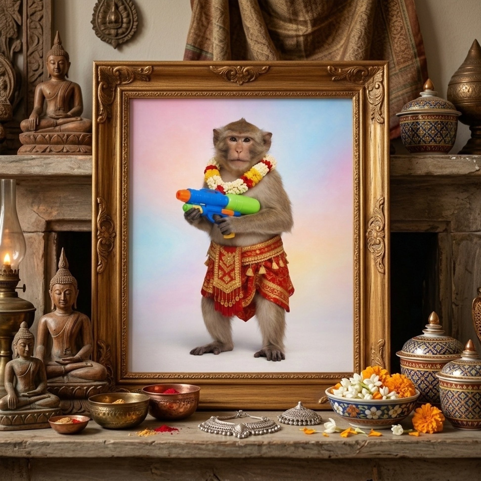 Framed Thai Songkran Monkey wall art displayed above a decorated mantel in a styled interior with cultural objects and warm neutral tones. The print shows a monkey in a red and gold Thai outfit with a flower garland and colourful water gun on a pastel background. Lifestyle image for Thailand wall art, monkey poster, Thai culture decor and festive animal art in home settings.