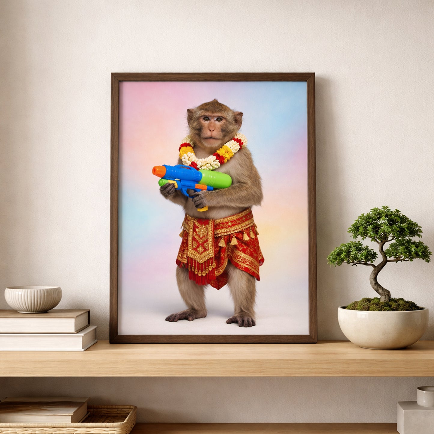 Framed Thai Songkran Monkey poster placed on a shelf beside a small bonsai in a calm neutral room. The artwork shows a monkey in a red and gold Thai outfit with a flower garland and bright water gun, set on a soft pastel background. Clean shelf styling image for monkey wall art, Thai poster, Thailand art print and colourful animal decor in modern interiors.