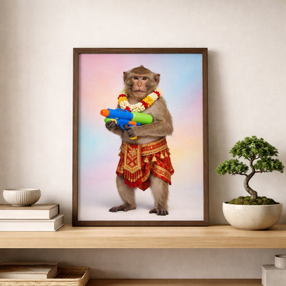 Framed Thai Songkran Monkey poster placed on a shelf beside a small bonsai in a calm neutral room. The artwork shows a monkey in a red and gold Thai outfit with a flower garland and bright water gun, set on a soft pastel background. Clean shelf styling image for monkey wall art, Thai poster, Thailand art print and colourful animal decor in modern interiors.
