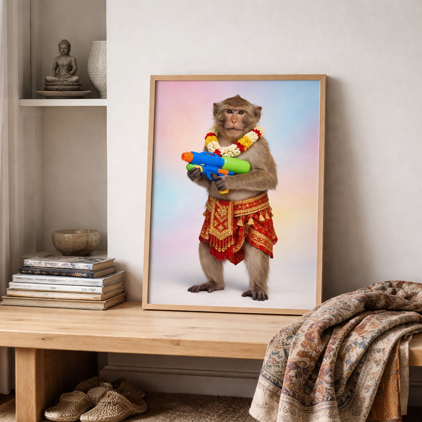 Framed Thai Songkran Monkey art print styled on a wooden shelf with books, woven textiles and neutral decor. The print features a monkey in ornate red and gold Thai clothing, a flower garland and a bright blue, green and orange water gun on a pastel background. Interior mockup for Thailand wall art, monkey poster, Thai culture wall art and festive animal decor.