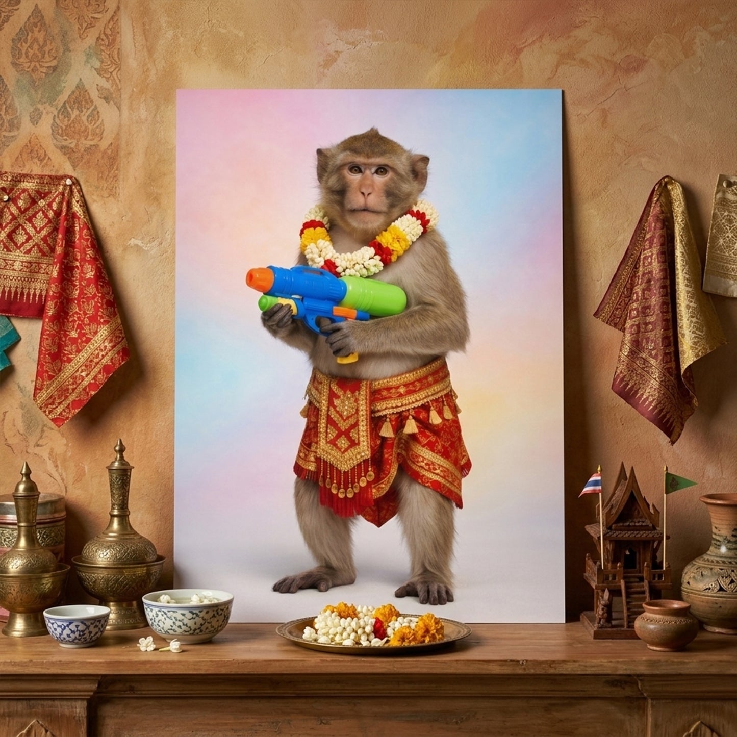Unframed Thai Songkran Monkey print styled above a mantel in a warm interior with draped fabrics and decorative objects. The artwork features a monkey standing upright in red and gold Thai dress, wearing a garland and holding a colourful water gun against a pastel backdrop. Lifestyle mockup for monkey print, Thailand poster, Songkran wall art and playful cultural decor.