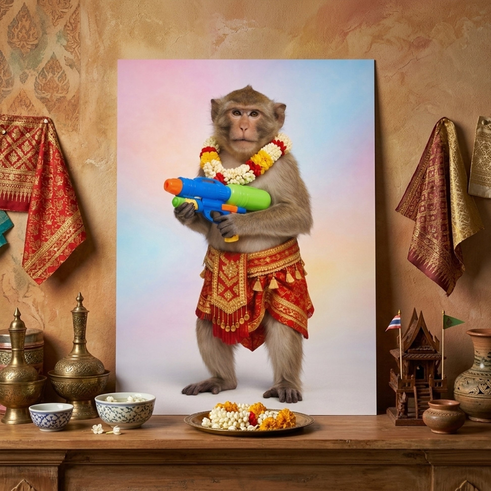 Unframed Thai Songkran Monkey print styled above a mantel in a warm interior with draped fabrics and decorative objects. The artwork features a monkey standing upright in red and gold Thai dress, wearing a garland and holding a colourful water gun against a pastel backdrop. Lifestyle mockup for monkey print, Thailand poster, Songkran wall art and playful cultural decor.