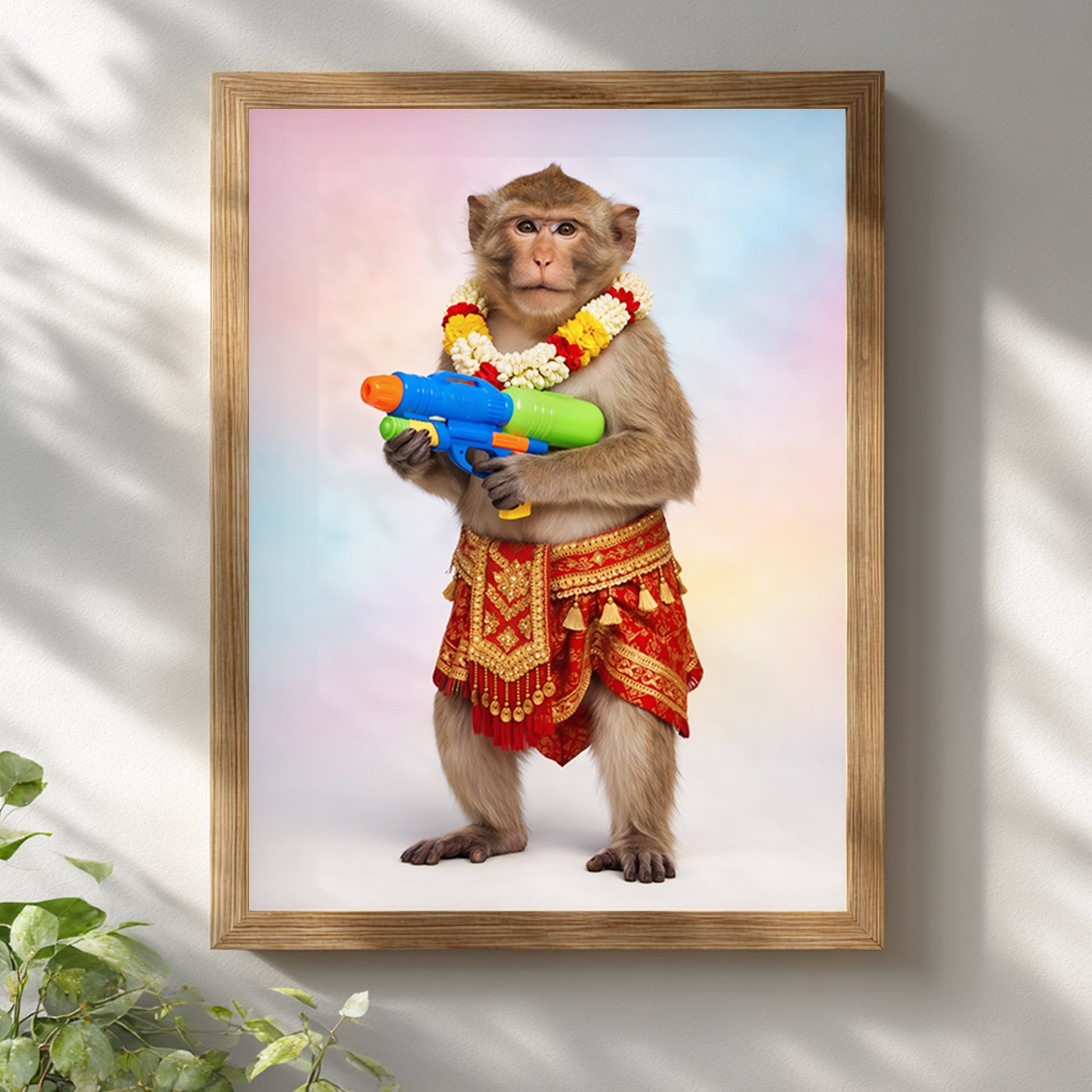 Wooden framed Thai Songkran Monkey wall art mockup on a white wall with soft natural shadows. The print shows a monkey standing upright in a red and gold Thai outfit, wearing a flower garland and holding a blue, green and orange water gun against a pastel background. Styled image for monkey wall art, Thailand poster, Thai culture decor and playful animal art.