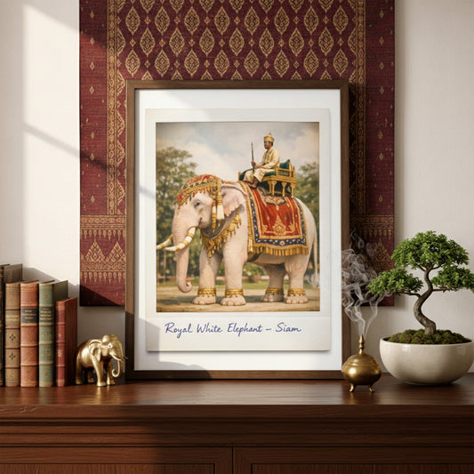 Thailand royal white elephant cultural poster styled in a classic interior with patterned wallpaper, books and a bonsai plant. The vintage Polaroid print features a decorated white elephant in red and gold royal cloth carrying a Thai royal figure. A heritage wall art piece for living rooms, studies or offices.