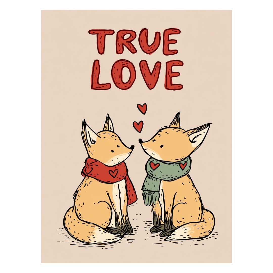 Fox couple sitting together with true love text in a warm hand drawn style