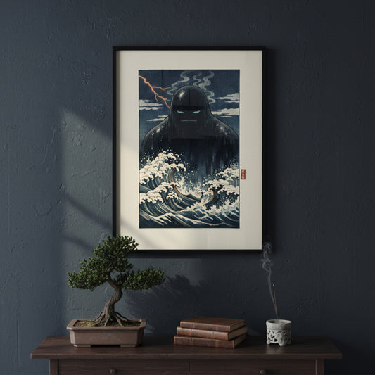 Framed Japanese folklore print of the Umibōzu sea monk displayed on a dark painted wall above a wooden console table. The artwork shows a shadowy sea spirit rising from churning waves in deep blue and cream tones. Styled with a small potted plant and minimal decor, this yōkai wall art creates a dramatic cultural focal point.
