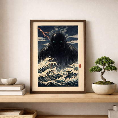 Japanese Umibōzu yōkai art print leaning on a wooden shelf beside a small bonsai plant. The illustration shows a dark sea spirit emerging from swirling ocean waves under a moody sky, rendered in navy and cream tones. Styled in a calm, minimalist setting, this Japanese folklore poster blends traditional ocean imagery with modern home decor.