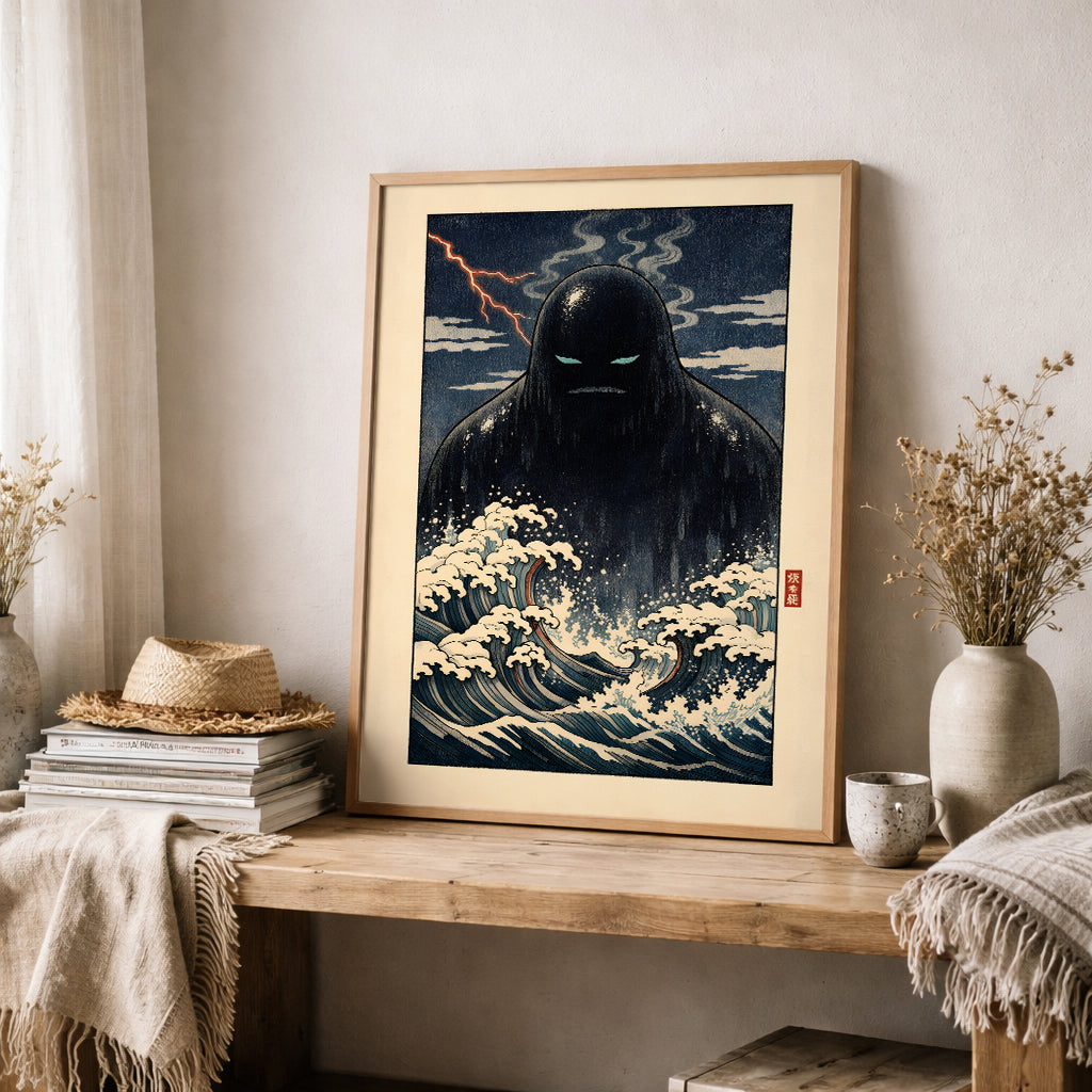 Japanese Umibōzu sea spirit art print styled on a wooden shelf with Scandinavian-inspired neutral decor and soft textiles. The artwork presents a dark ocean yōkai rising from foaming indigo waves under a dramatic night sky. With a light wood frame and minimal palette, this folklore poster suits Japandi and modern interiors.