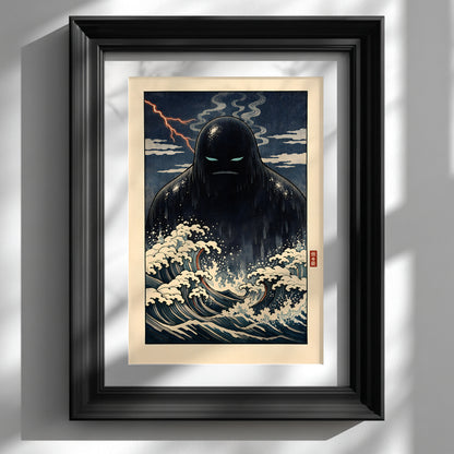 Framed Japanese yōkai wall art print featuring a dark Umibōzu sea spirit rising from stylised ocean waves, displayed in a black frame against a white wall. The artwork shows dramatic navy tones, foaming cream waves and a stormy night sky inspired by traditional Japanese woodblock aesthetics. A bold folklore statement piece for modern interiors and cultural art collections.