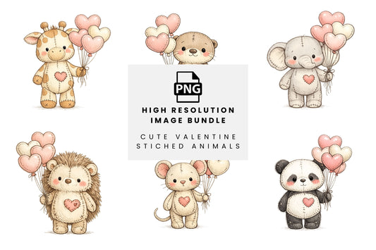 Preview layout showing all 12 transparent stitched plush animals together on white, including bunny, teddy bear, panda, otter, fox, giraffe, lamb and hedgehog each holding soft pink and cream heart-shaped balloons