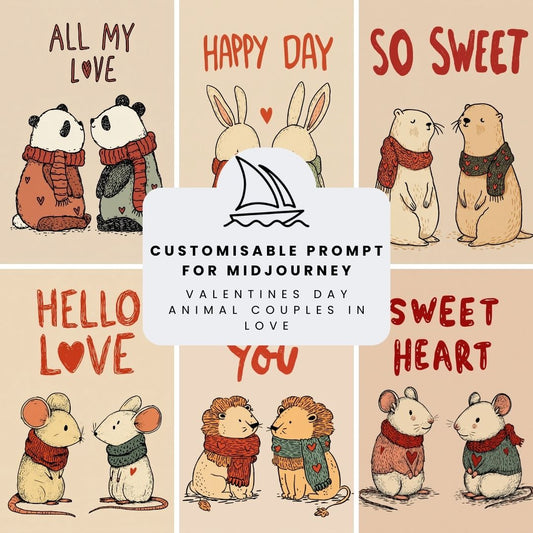 Collection of romantic animal couple illustrations created from a valentines Midjourney prompt bundle