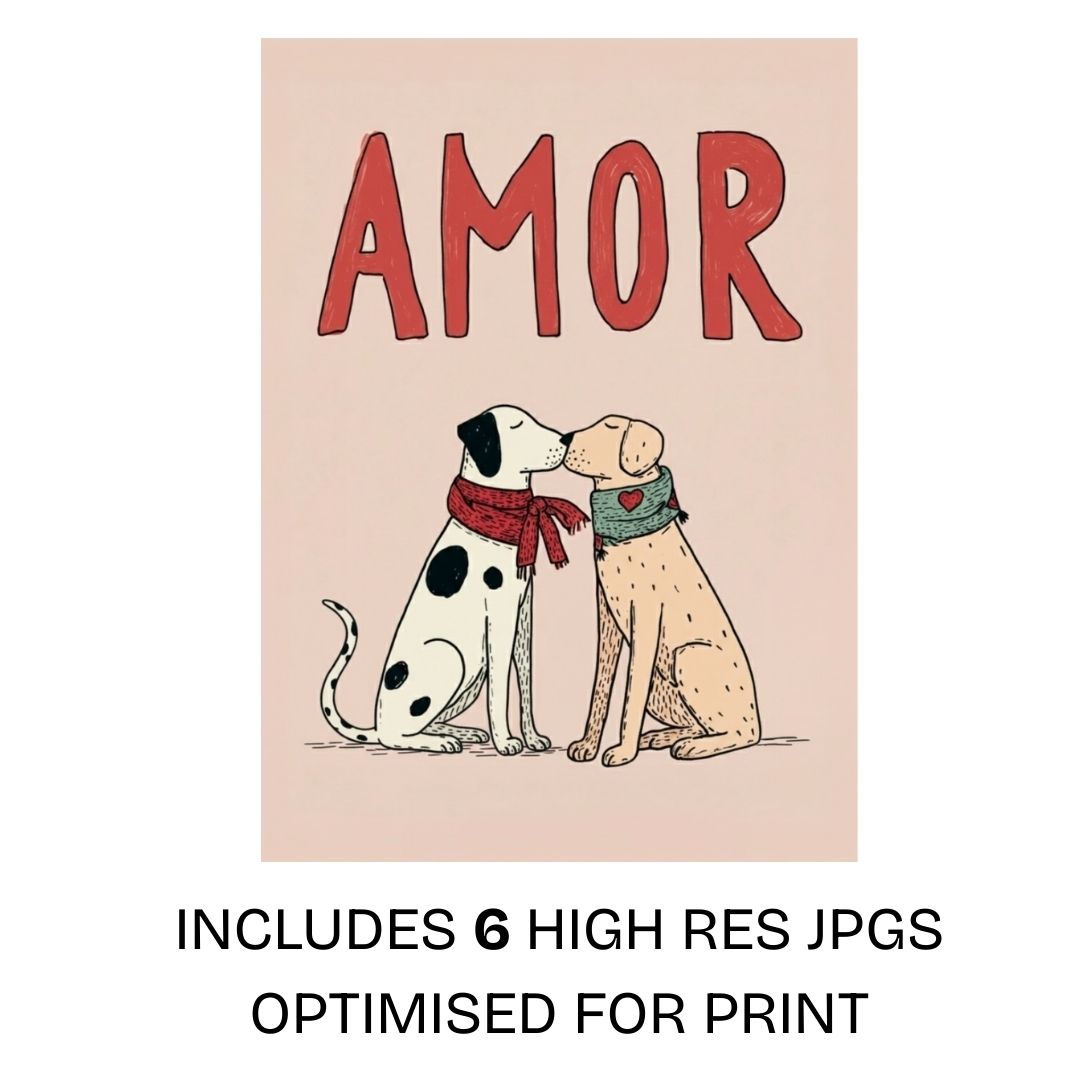 Valentine dog couple illustration with amor text representing a six image high resolution digital bundle