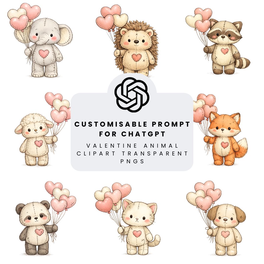 Preview grid showing multiple cute plush animal valentines illustrations generated from the same prompt