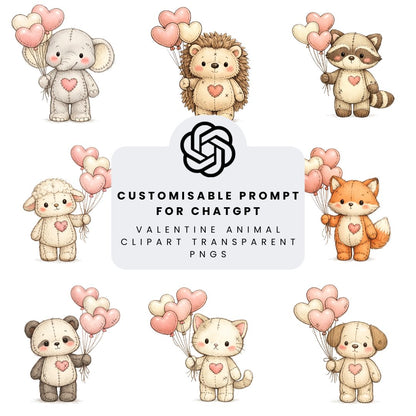 Preview grid showing multiple cute plush animal valentines illustrations generated from the same prompt