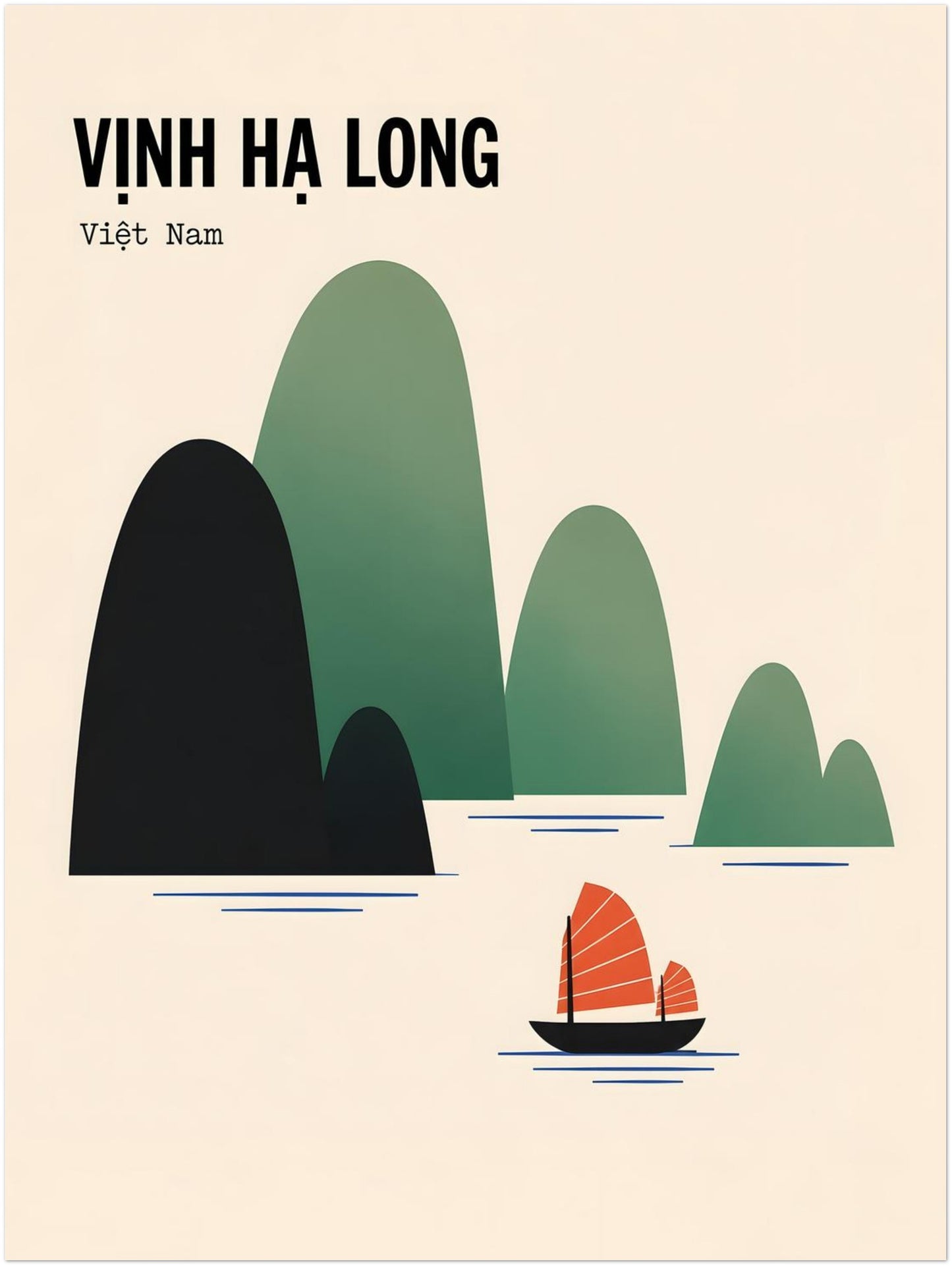 Unframed 18 x 24 inch Ha Long Bay travel art featuring stylised Vietnamese limestone cliffs in black, dark green and pale sage. A traditional junk boat with red sails moves across calm blue water below the Vinh Ha Long heading. The simple cream background and graphic layout create striking retro coastal wall decor.