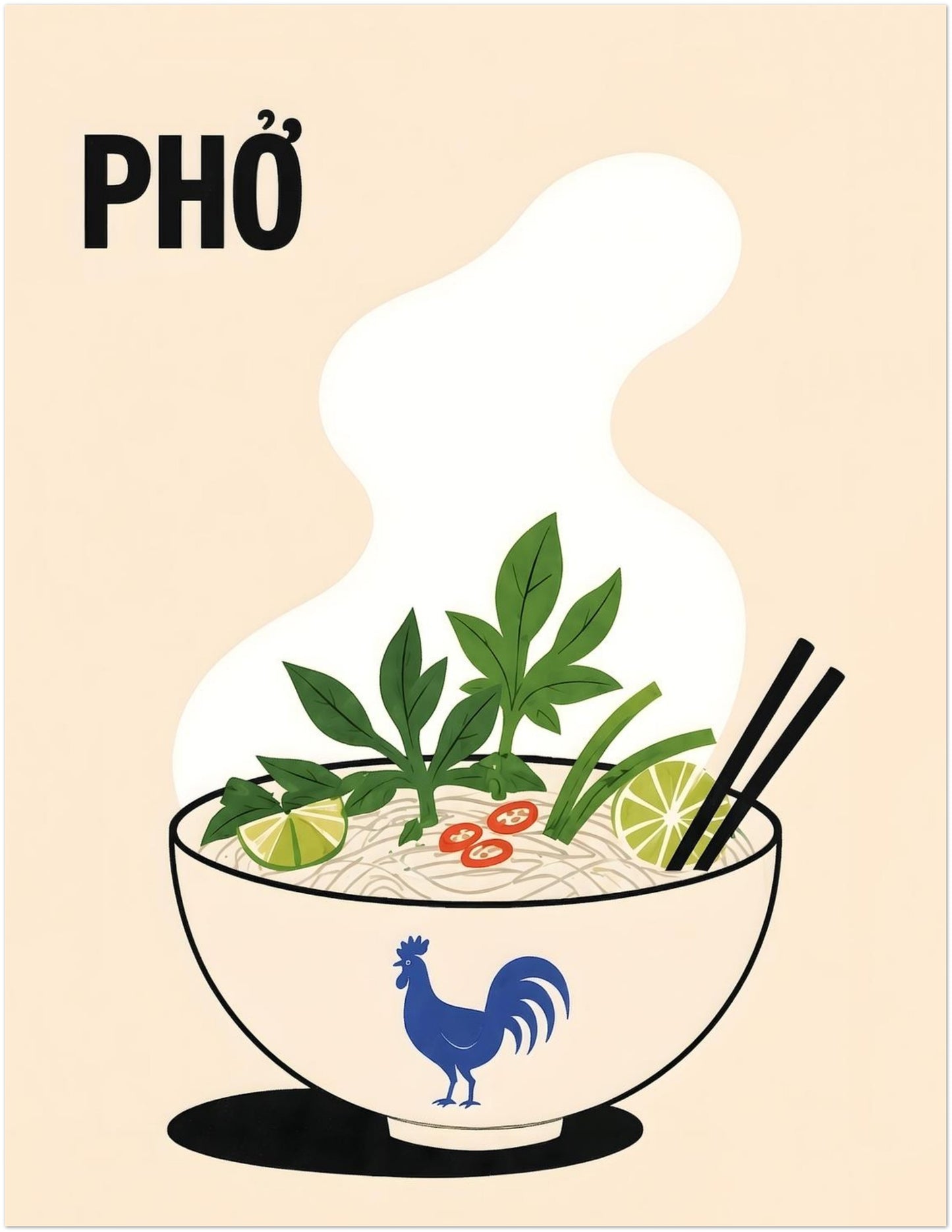 11 x 14 inch Vietnamese pho noodle soup poster with a steaming bowl, rice noodles, fresh green herbs, lime, red chilli and black chopsticks. Cream background, bold PHỞ text and blue rooster bowl create colourful kitchen wall art.