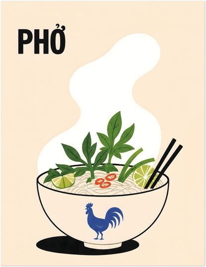 11 x 14 inch Vietnamese pho noodle soup poster with a steaming bowl, rice noodles, fresh green herbs, lime, red chilli and black chopsticks. Cream background, bold PHỞ text and blue rooster bowl create colourful kitchen wall art.