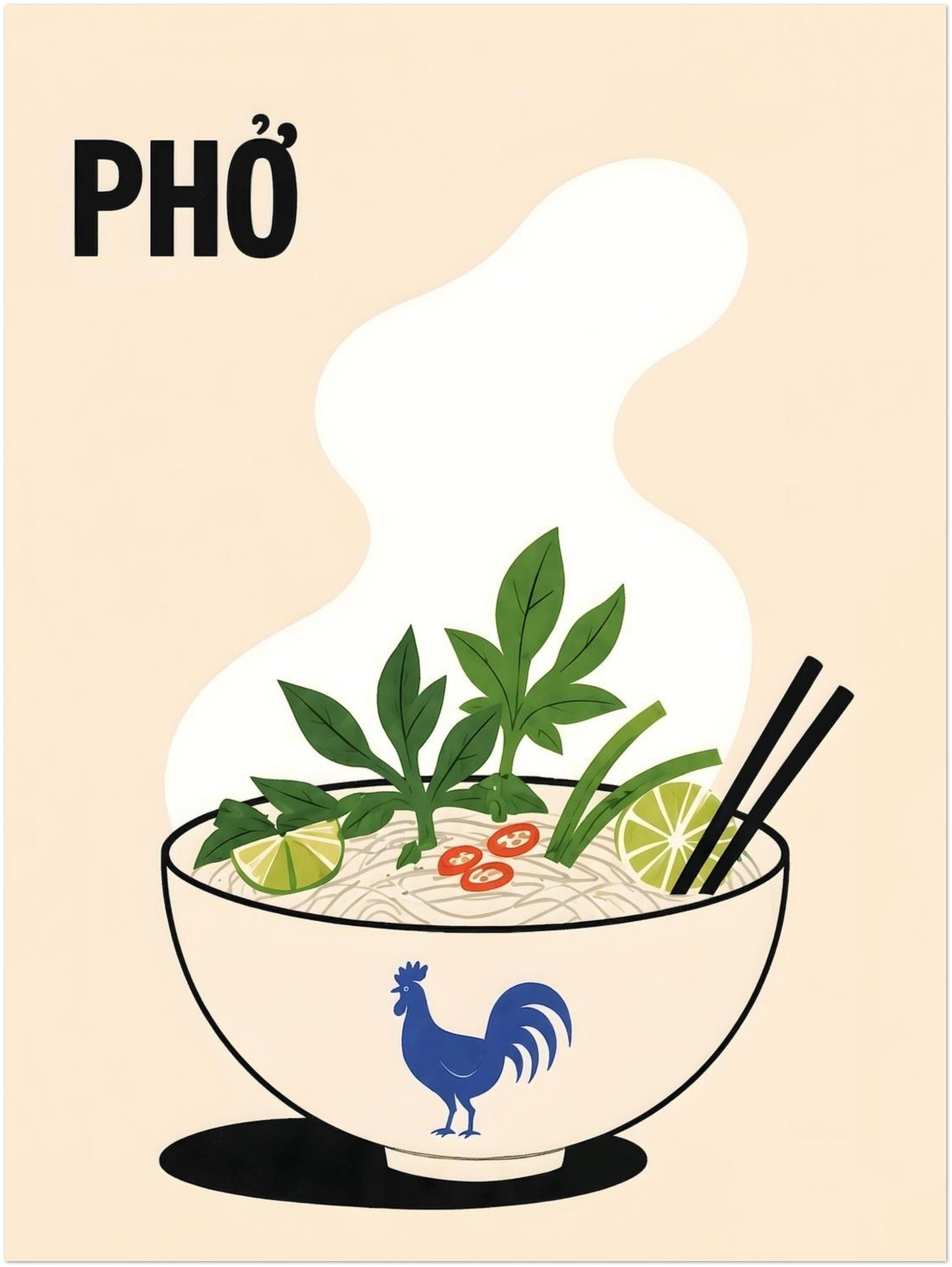 12 x 16 inch Vietnamese pho noodle soup poster with a steaming bowl, rice noodles, fresh green herbs, lime, red chilli and black chopsticks. Cream background, bold PHỞ text and blue rooster bowl create colourful kitchen wall art.