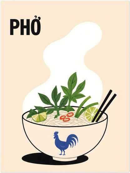 12 x 16 inch Vietnamese pho noodle soup poster with a steaming bowl, rice noodles, fresh green herbs, lime, red chilli and black chopsticks. Cream background, bold PHỞ text and blue rooster bowl create colourful kitchen wall art.