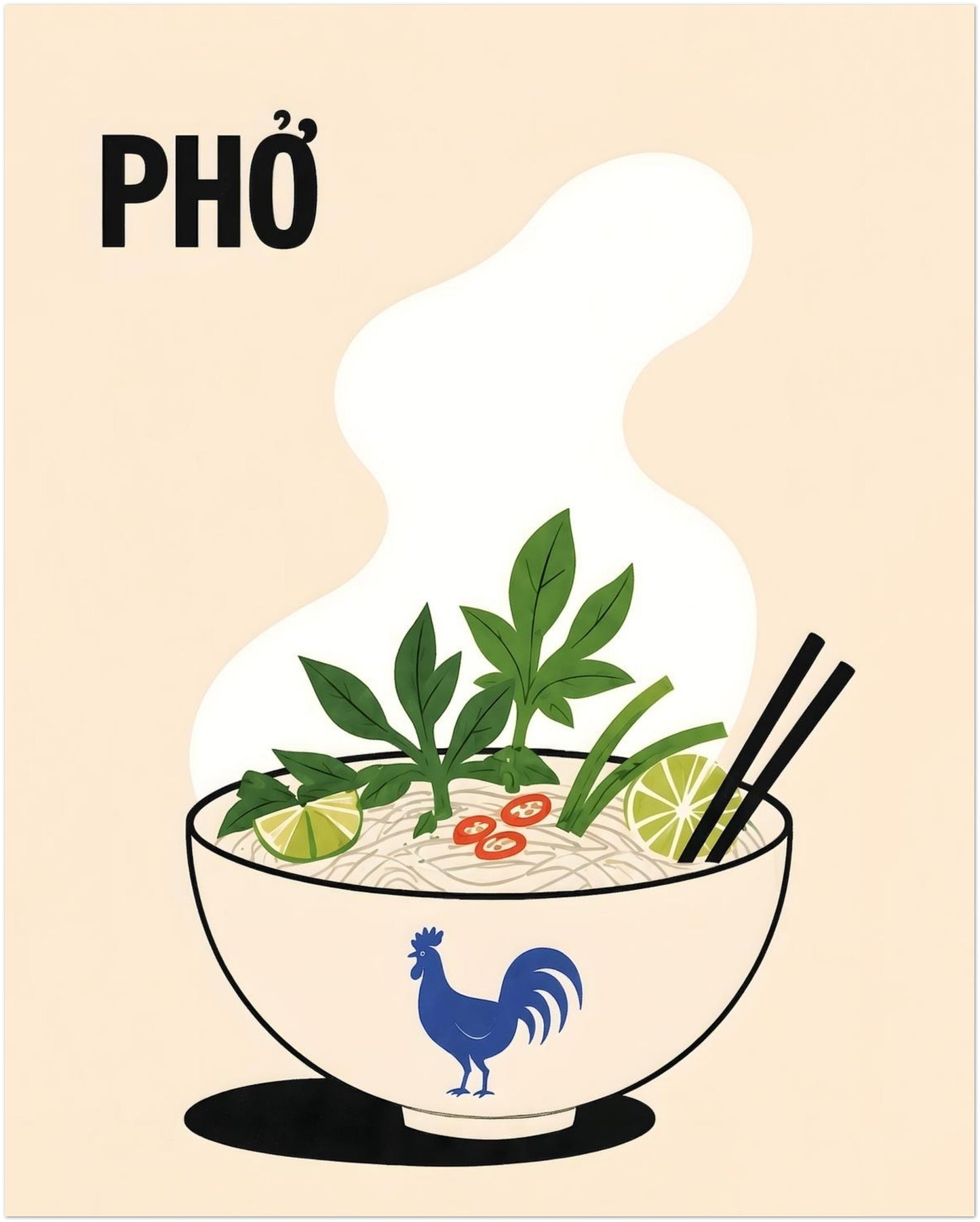 16 x 20 inch Vietnamese pho noodle soup poster with a steaming bowl, rice noodles, fresh green herbs, lime, red chilli and black chopsticks. Cream background, bold PHỞ text and blue rooster bowl create colourful kitchen wall art.