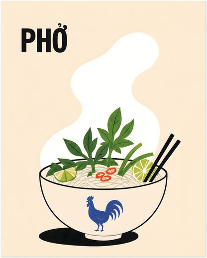 16 x 20 inch Vietnamese pho noodle soup poster with a steaming bowl, rice noodles, fresh green herbs, lime, red chilli and black chopsticks. Cream background, bold PHỞ text and blue rooster bowl create colourful kitchen wall art.