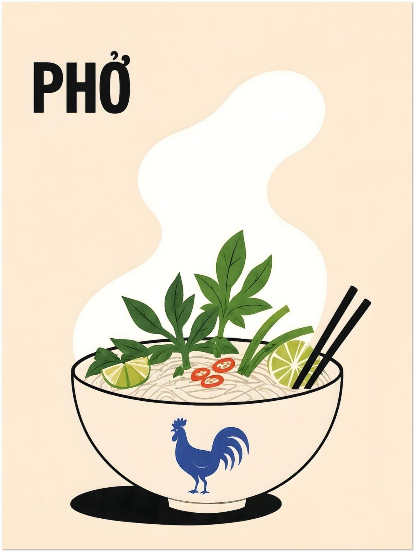 18 x 24 inch Vietnamese pho noodle soup poster with a steaming bowl, rice noodles, fresh green herbs, lime, red chilli and black chopsticks. Cream background, bold PHỞ text and blue rooster bowl create colourful kitchen wall art.