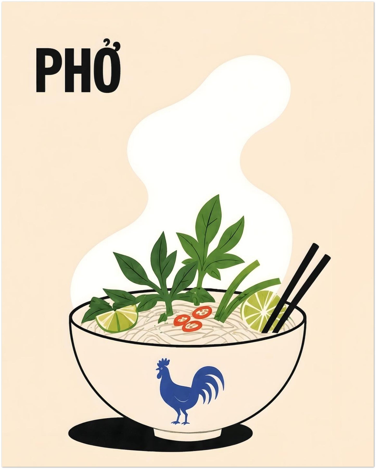 8 x 10 inch Vietnamese pho noodle soup poster with a steaming bowl, rice noodles, fresh green herbs, lime, red chilli and black chopsticks. Cream background, bold PHỞ text and blue rooster bowl create colourful kitchen wall art.