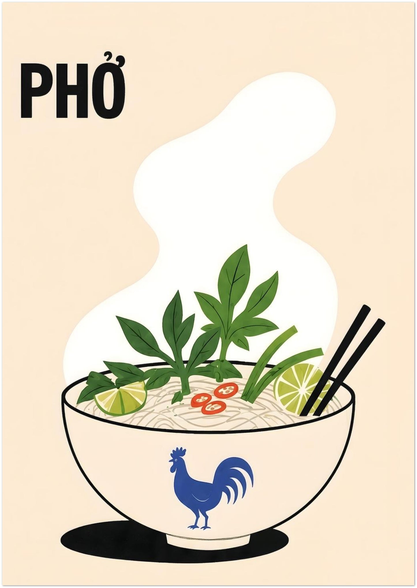 8 x 12 inch Vietnamese pho noodle soup poster with a steaming bowl, rice noodles, fresh green herbs, lime, red chilli and black chopsticks. Cream background, bold PHỞ text and blue rooster bowl create colourful kitchen wall art.
